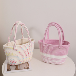 粉色系麻花手提棉线编织包 新款小清新手拎女包外出度假野餐篮子
