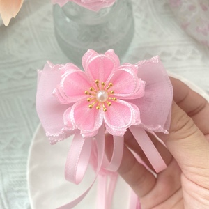 女童粉红色樱花花朵发夹儿童汉服头饰女宝中国风对夹流苏飘带发饰