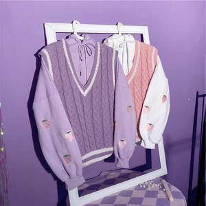 秋季紫色毛衣针织衫马甲外套宽松麻花韩版日系女刺绣草莓卫衣