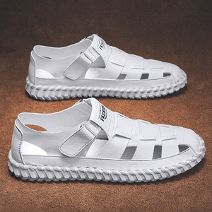 凉鞋男士软皮一脚蹬防滑休闲白色沙滩鞋夏季百搭镂空透气洞洞凉鞋