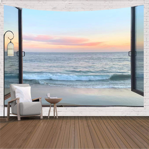 超大风景海滩窗户背景布床头卧室宿舍墙壁装饰挂毯遮挡窗帘北欧