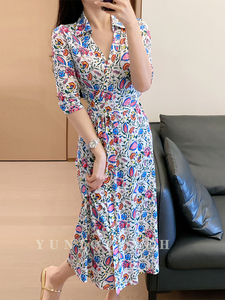 MAX DVF MO连衣裙2024夏新款粉白梦幻花海有领气质显瘦中长裙裹裙