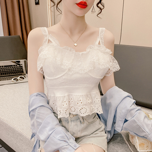 温柔系蕾丝边吊带背心女夏季超仙洋气木耳边镂空钩花美背短款上衣