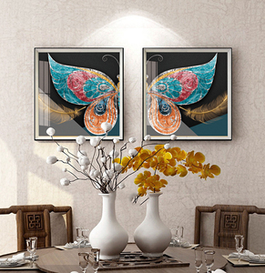 新中式现代装饰画书房餐厅挂画双联正方形对称墙画晶瓷手绘餐桌