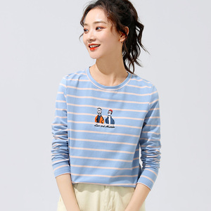 条纹长袖t恤女纯棉宽松学生百搭上衣体桖秋季2021年新款打底衫潮