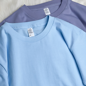 250g重磅纯棉浅蓝奶油奶蓝色 短袖t恤女宽松圆领纯色打底衫上衣男