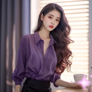 2024年春秋新款设计感小众洋气紫色衬衫女长袖宽松百搭高级感衬衣