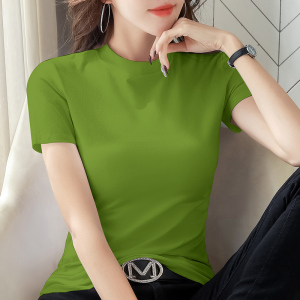 夏季纯棉半高领短袖t恤女薄款绿色百搭修身小高领半袖上衣洋气潮