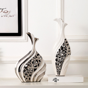 陶瓷花瓶摆件 欧式家居工艺品 客厅电视柜装饰品白银镂空花瓶