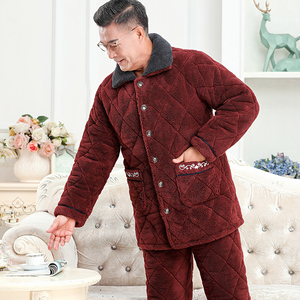 红色睡衣冬季男款加厚加绒三层夹棉袄大码中老年珊瑚绒家居服套装