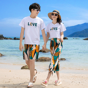 情侣装夏季海边蜜月沙滩度假旅游衣服穿搭女七分裤海南男T恤套装