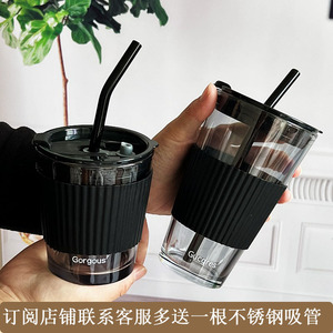 水杯ins高颜值新款咖啡杯玻璃杯子北极光吸管杯大容量带盖竹节杯