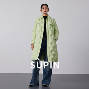 速品SUPIN中长款羽绒服冬季新款浅绿色收腰设计感加厚保暖外套女