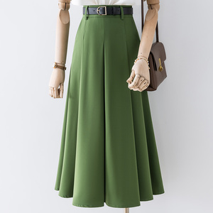 绿色伞裙2023年新款高腰百褶裙中长款a字半身裙女夏季小个子半裙