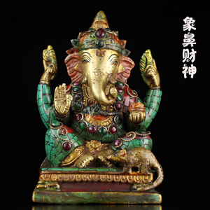 泰国招财纯铜象鼻财神铜像印度象头神红财神神像家居店铺办公室