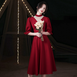女装 婚纱/礼服/旗袍 婚纱 连衣裙女春秋酒红色简单
