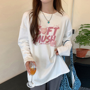 纯棉t恤女长袖宽松大码白色显瘦上衣ins潮牌秋冬季内搭加绒打底衫