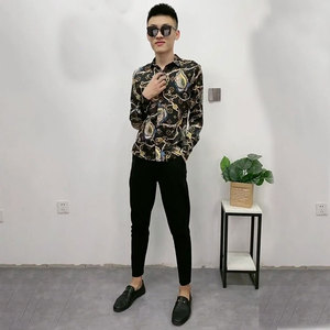 精神小伙修身长袖衬衫发型师夜店炸街花衬衣网红同款男士印花上衣