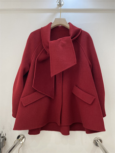 新春红色双面羊绒大衣女短款小个子秋冬新款韩版宽松斗篷毛呢外套