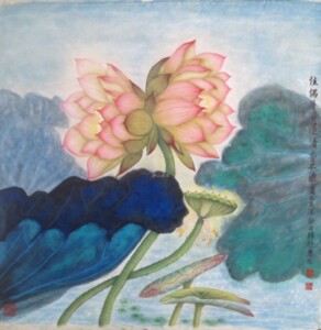 佳偶并蒂莲清香不染尘四尺斗方荷花工笔兼泼彩国画厅堂装饰定制