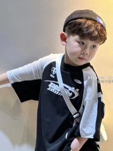 波拉bora韩国童装男童时尚短袖T恤2024夏季新款儿童字母宽松上衣