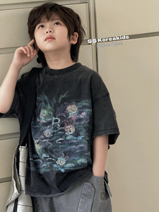 SS品牌韩国童装男童短袖T恤磨砂工艺2024新款儿童夏季上衣女童潮