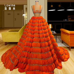 dress高级定制橙色抹胸蓬蓬裙两件套生日派对走秀年会写真晚礼服
