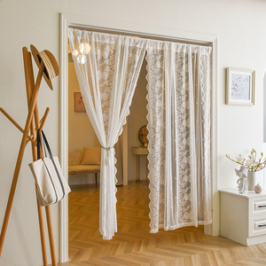法式蕾丝门帘隔断帘免打孔安装白纱帘透光不透人窗帘伸缩杆遮挡帘