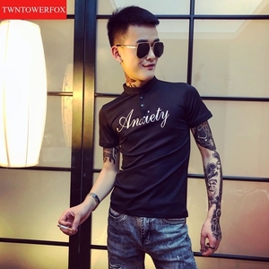 修身精神小伙短袖体t恤血桖男翻领黑社会polo衫纹身花臂衣服霸气