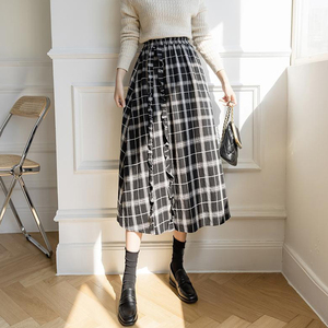 半身黑白格子裙中长款