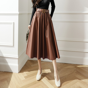 咖色皮裙半身裙女秋冬高腰伞裙设计感包臀裙子中长款a字百褶长裙