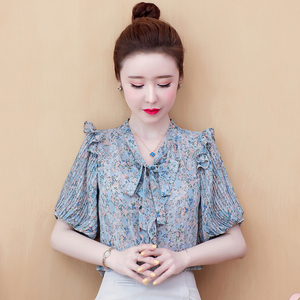 泡泡袖雪纺衬衫女士夏装2020新款短袖超仙遮肚上衣欧洲站洋气小衫