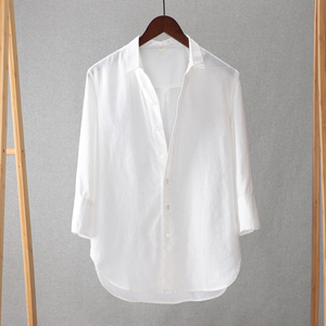 夏季新款男士七分袖亚麻衬衫宽松薄款透气纯色棉麻衬衣男白色柔软