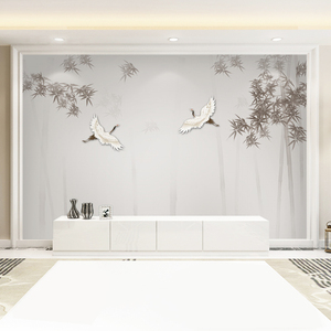 中式电视背景墙壁纸简约现代客厅卧室素雅水墨花鸟壁画3d影视墙布