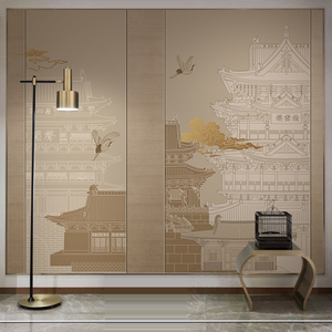 现代中式意境线描拼色阁楼电视沙发背景墙纸壁布客厅茶室定制壁画