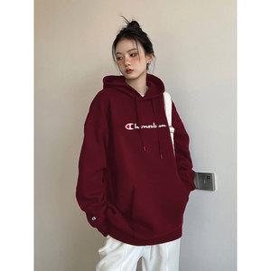 冠军彩虹酒红色连帽卫衣女款秋冬季潮牌欧美加绒加厚纯色宽松外套