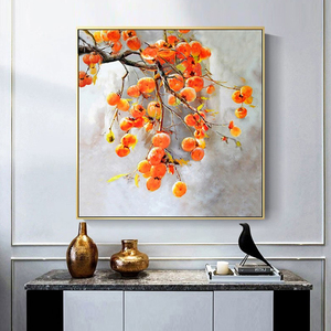事事如意轻奢餐厅装饰画柿子油画玄关手绘客厅挂画大气新中式壁画
