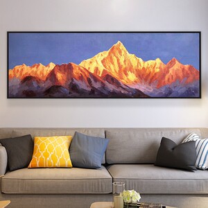 手绘油画客厅装饰挂画现代壁画背靠金山日照风景背景横版纯手工画