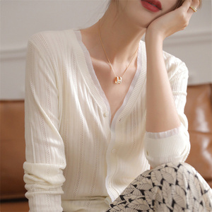 canary kiss清凉通透!冰丝针织开衫女v领网纱镂空空调衫长袖上衣