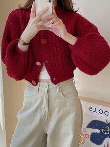 高品质小众设计超正大红色宽松短款毛衣外套女秋韩版羊毛毛衣开衫