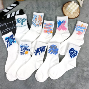 白色袜子女ins潮男中筒袜情侣创意涂鸦长袜春夏日系百搭高腰袜棉