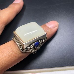 古玩 收藏清乾隆年兴盛足银老银镶嵌银戒指扳指 老物件银戒指