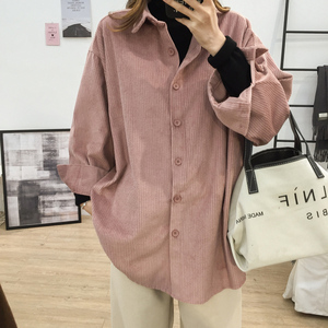 复古港味灯芯绒衬衫女秋冬韩版百搭宽松显瘦中长加厚长袖衬衣外套