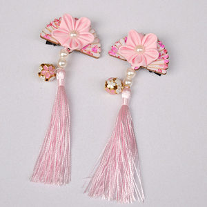 日本和风发饰扇子樱花流苏发夹发簪细工流苏花团和服头饰红色