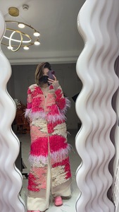 格鲁吉亚设计师品牌LALO新款手工编织鸵鸟毛外套女长款显瘦