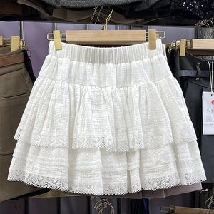 白色蕾丝花边蛋糕裙女夏季高腰A字裙子小个子半身裙拼接短裙111G