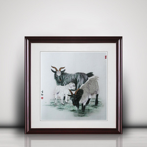 苏绣成品挂画书房客厅带框装饰画苏州纯手工刺绣三羊开泰