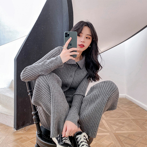 2022年港风复古chic套装女秋冬新款长袖开衫高腰休闲裤针织两件套