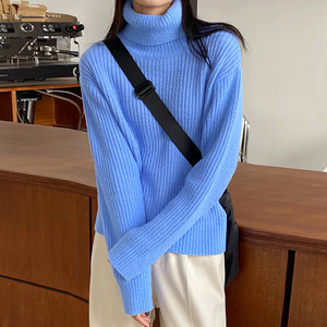 百思朵2021冬季天蓝色高领毛衣女软糯内搭上衣保暖淡蓝色针织衫潮