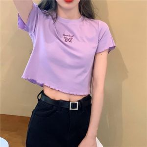 网红t恤女ins超火夏季2024年新款短袖高腰露脐短款露腰浅紫色上衣